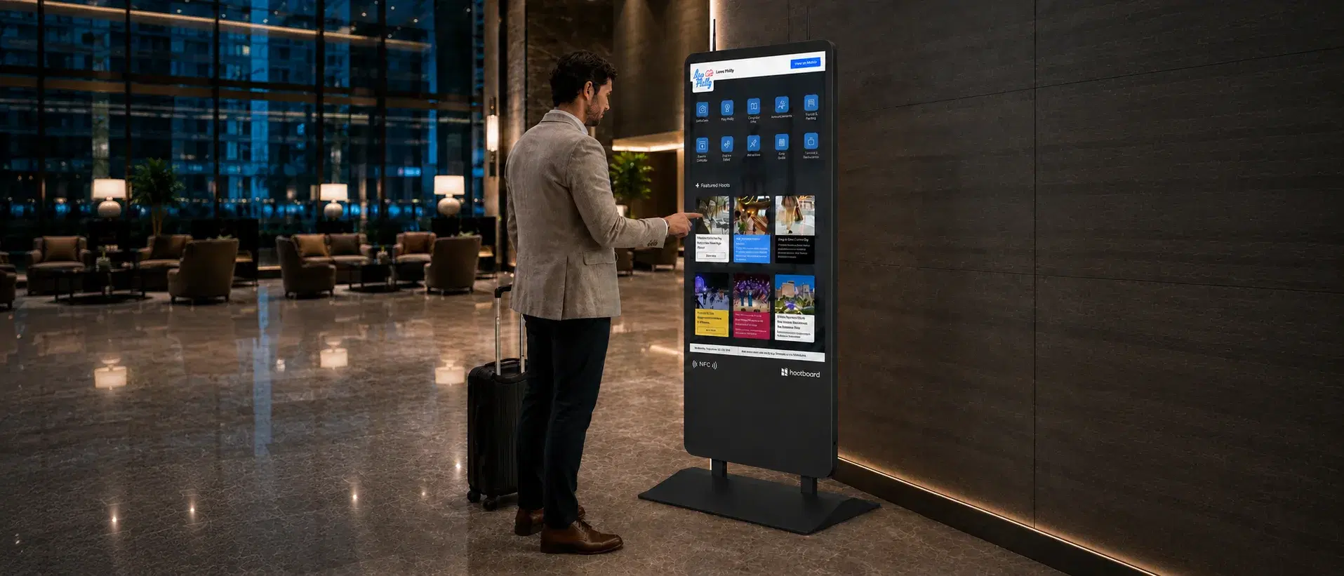 An AirX kiosk in a hotel lobby with a guest using the touchscreen