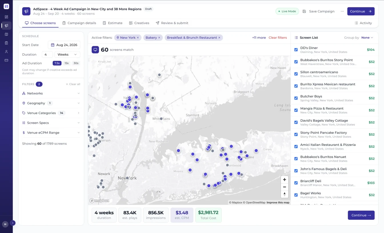 An AdSpace campaign being scheduled across screens on a map