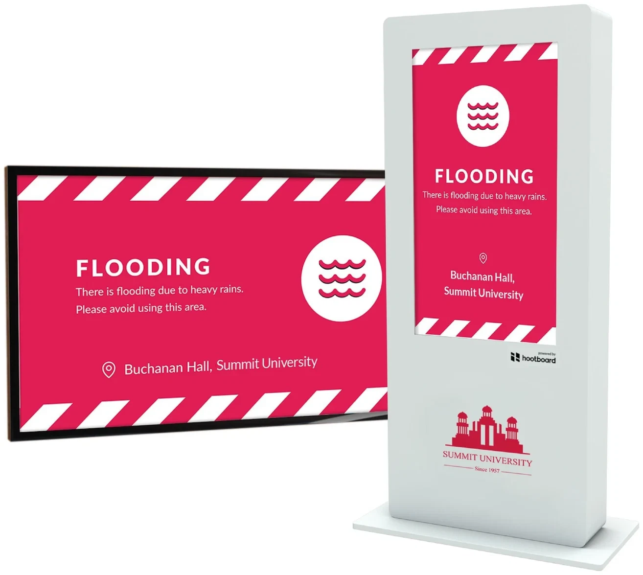 A flooding alert shown on a digital sign and a kiosk